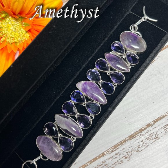 Amethyst Bracelet Handmade Stone Gemstone Crystal 925 Silver Large Ethnic New!